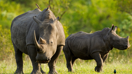 White rhino mother and calf standing in sunlight with oxpeckers